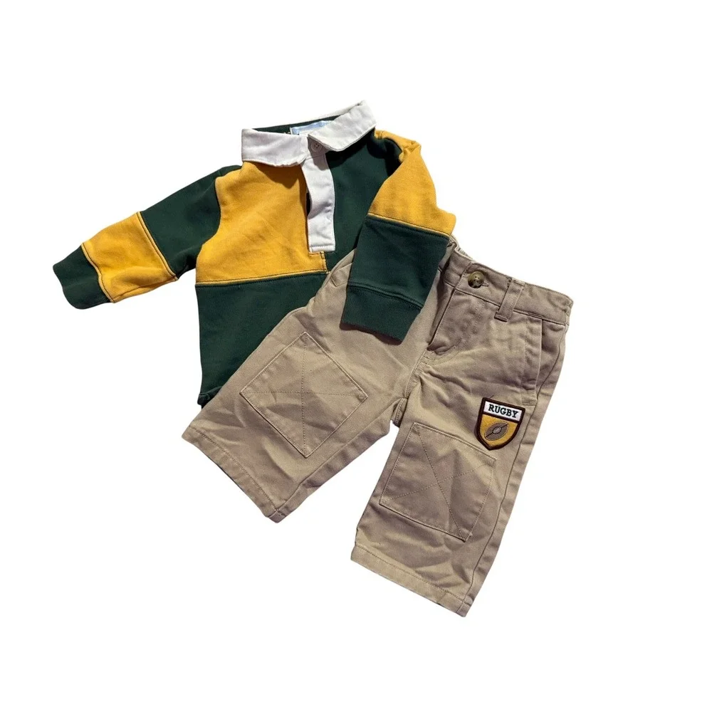 Janie and Jack Baby Boys Green Yellow Rugby Shirt and Khaki Pants Set 3-6 Months